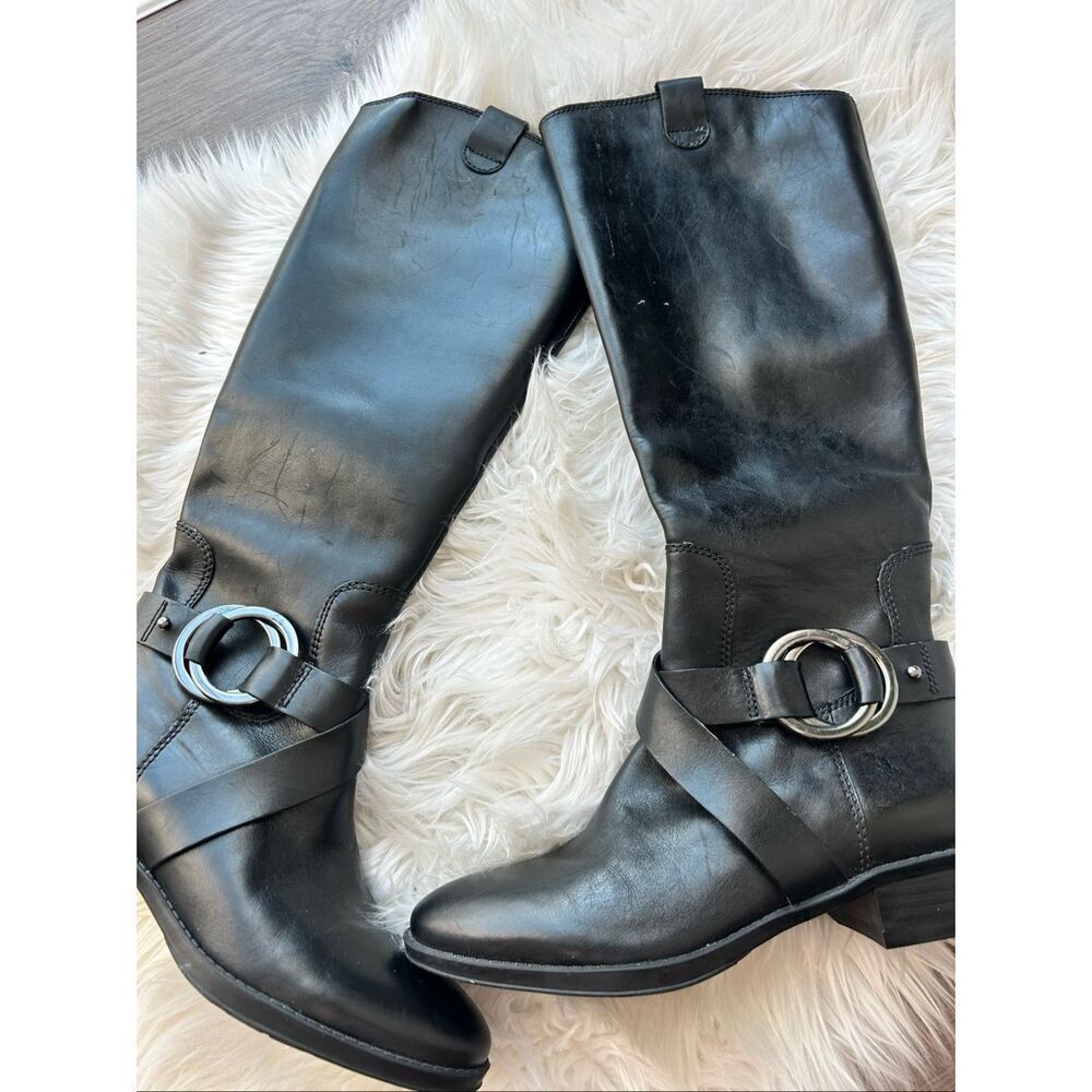 Karl Lagerfeld Paris Muret Black Leather Boots Women’s Size 8 riding boots buckl